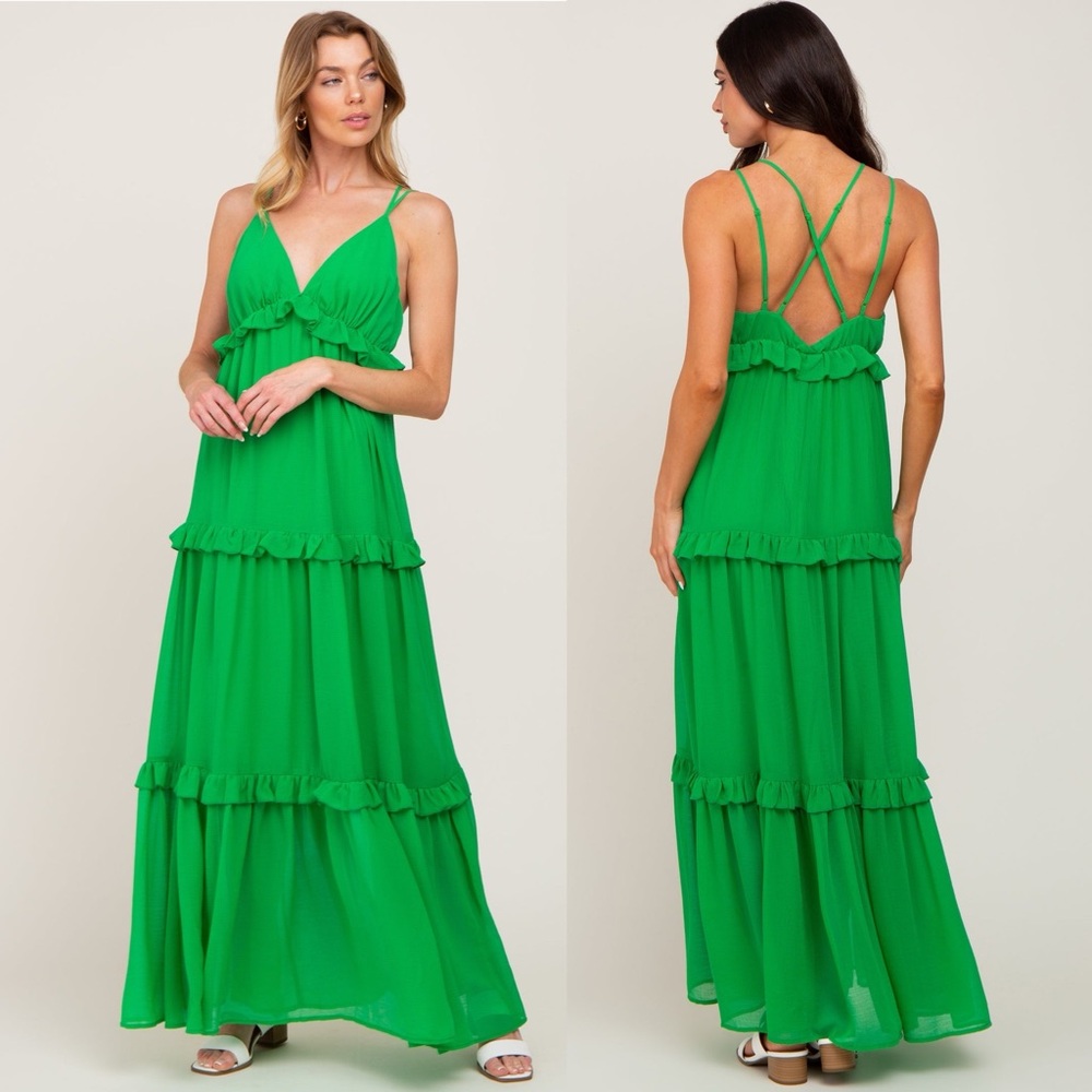 Flying Tomato Green Ruffle Tier Cross Back Maxi Dress